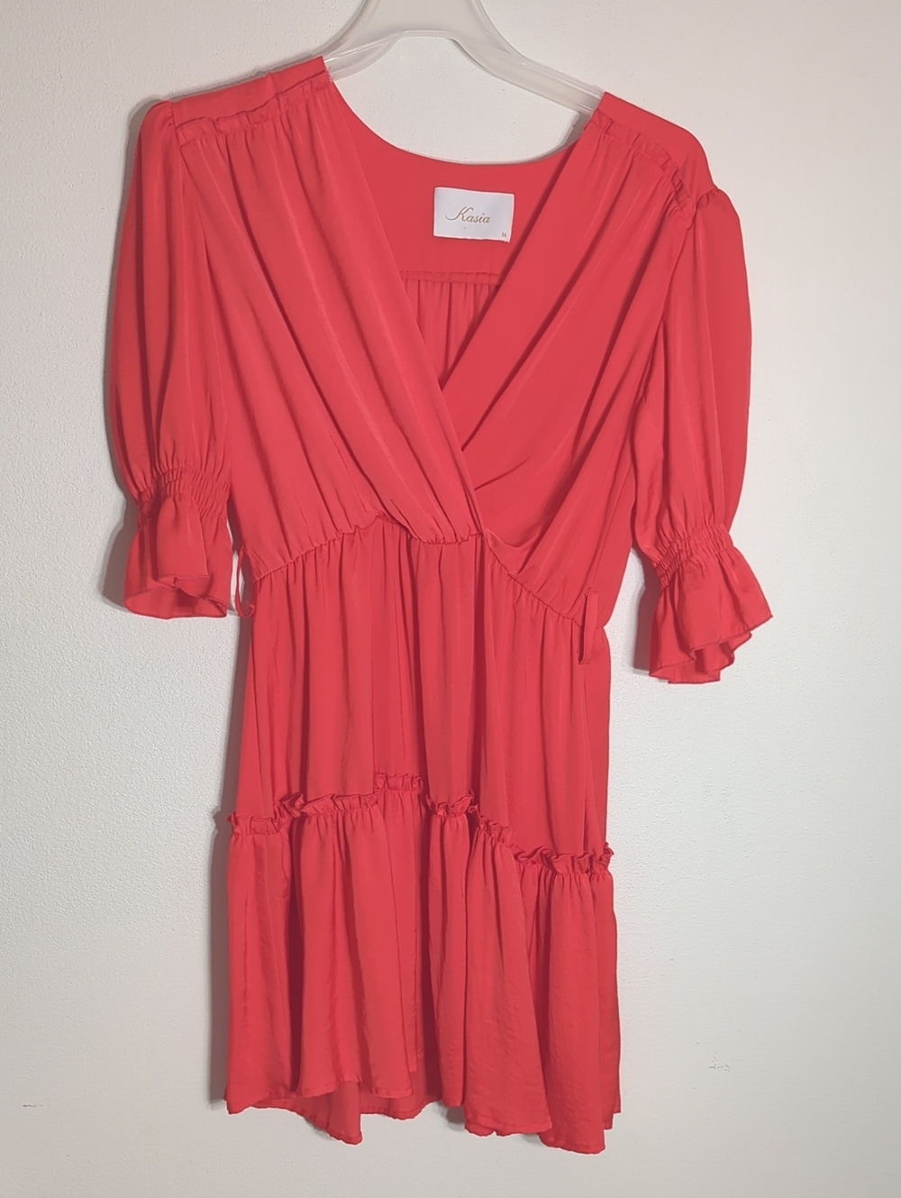 Anthropologie Kasia Womens Dress Puffed Sleeve Tiered Coral Made Greece Medium